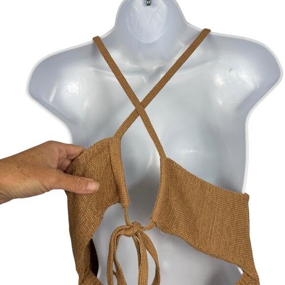 Express Top Womens Large Tan Knit Halter Sweater Tank Open Back Y2K Coastal - Picture 8 of 14